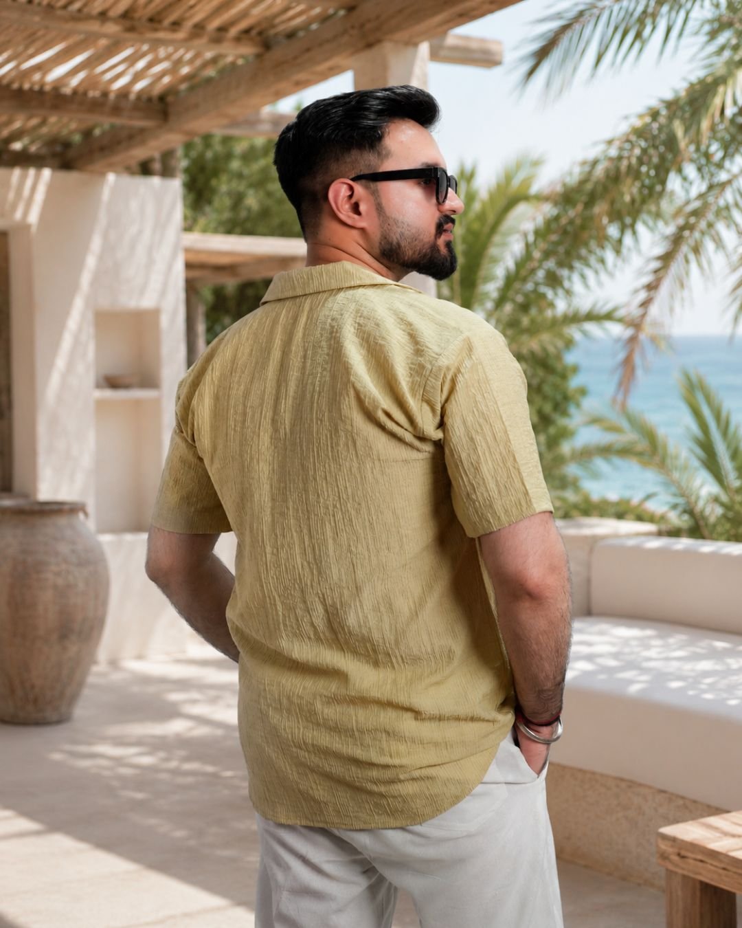 Men Dusty Yellow Colour Marina Chiffon Kurta Shirt - Image 3