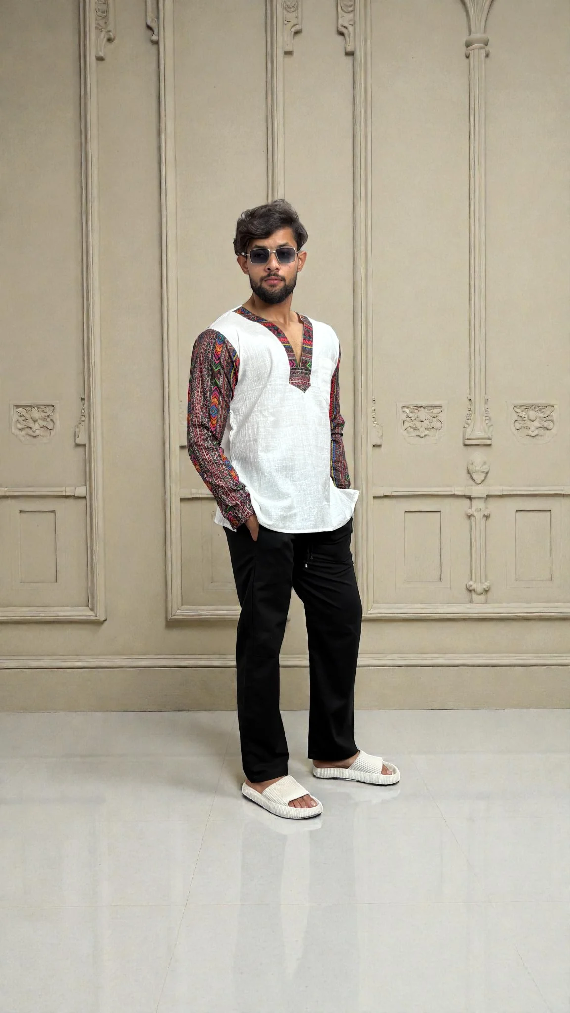 Men's White Ethnic Fusion Kurta - Image 3