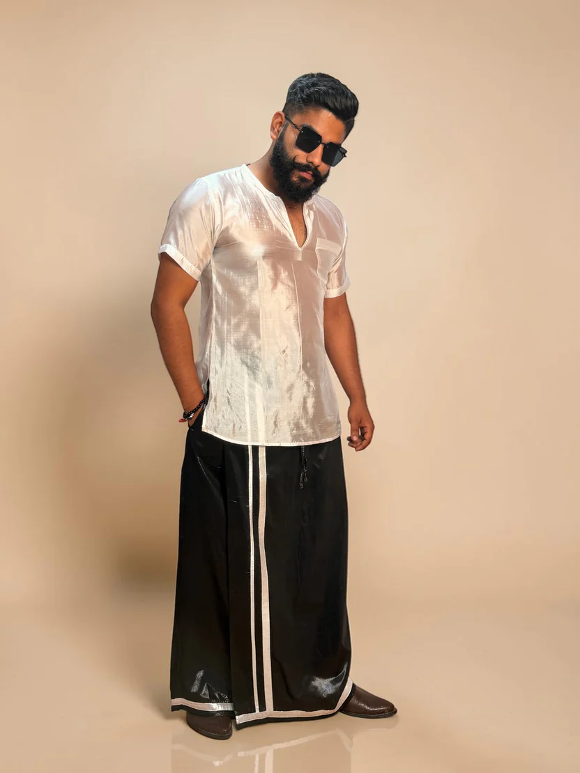 Men Black zari pajamalungi With Silver Zari Stripe - Disco Pajamalungi - Image 3