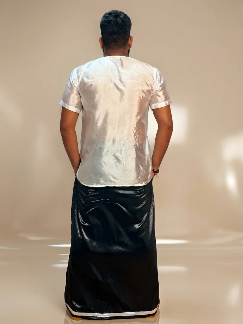 Men Black zari pajamalungi With Silver Zari Stripe - Disco Pajamalungi - Image 4