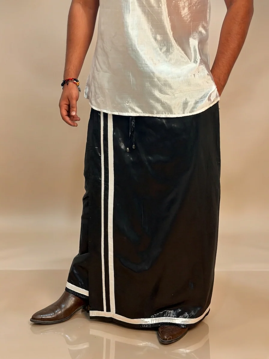 Men Black zari pajamalungi With Silver Zari Stripe - Disco Pajamalungi - Image 5