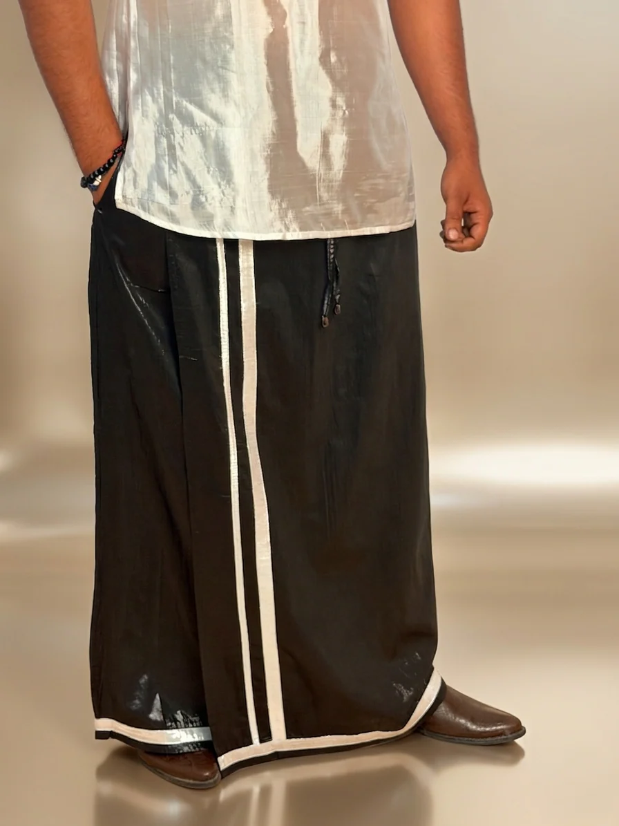Men Black zari pajamalungi With Silver Zari Stripe - Disco Pajamalungi - Image 2
