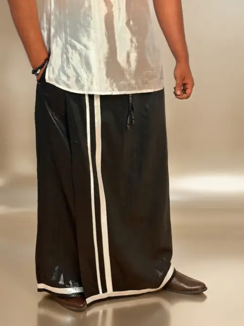 Men Black zari pajamalungi With Silver Zari Stripe - Disco Pajamalungi