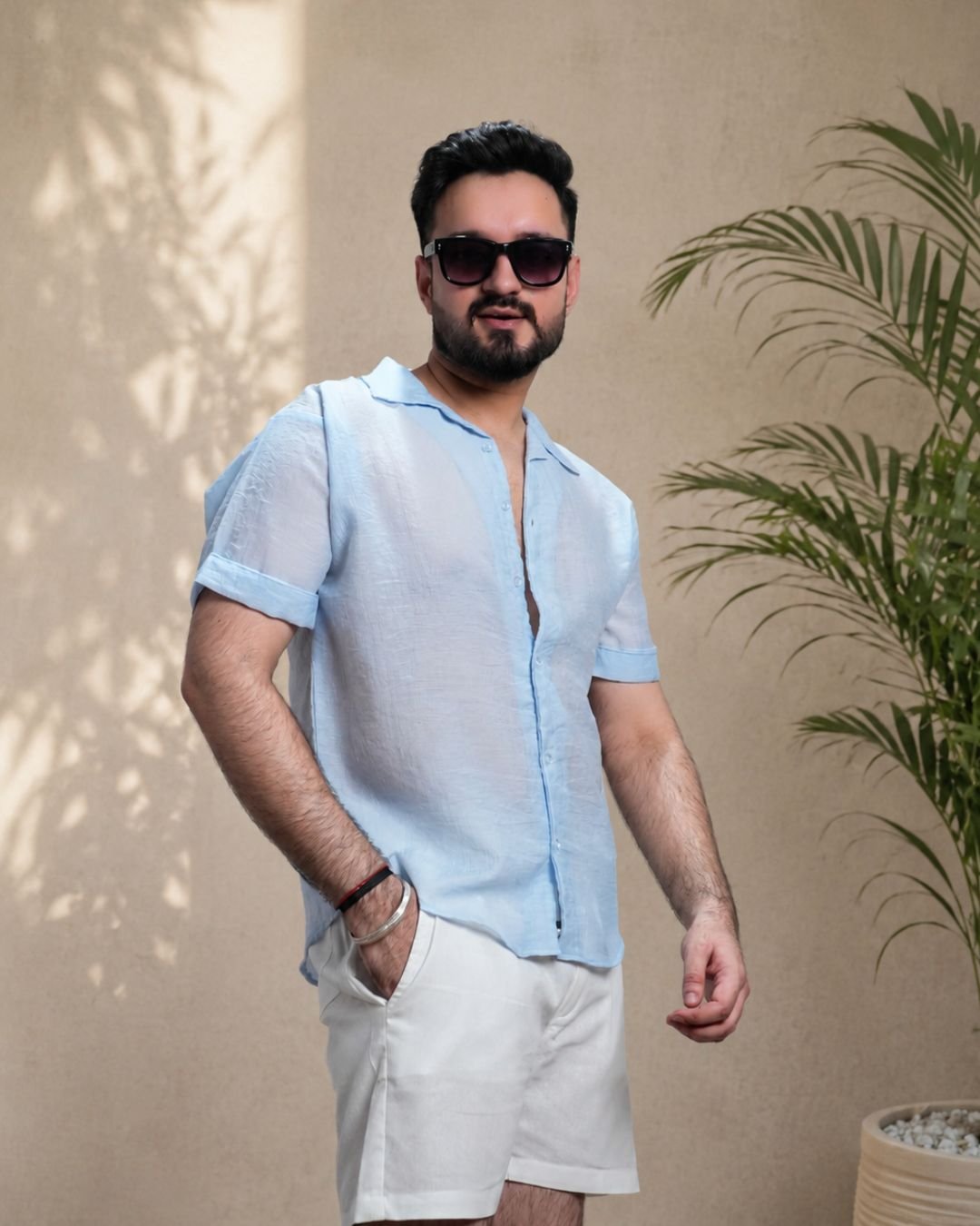 Men Ice Blue Colour Chiffon Buttoned Shirt - Image 2