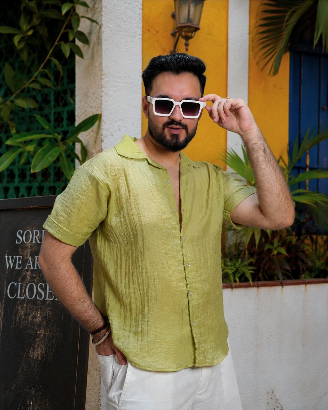 Men Sage Green Colour Chiffon Buttoned Shirt - Image 4