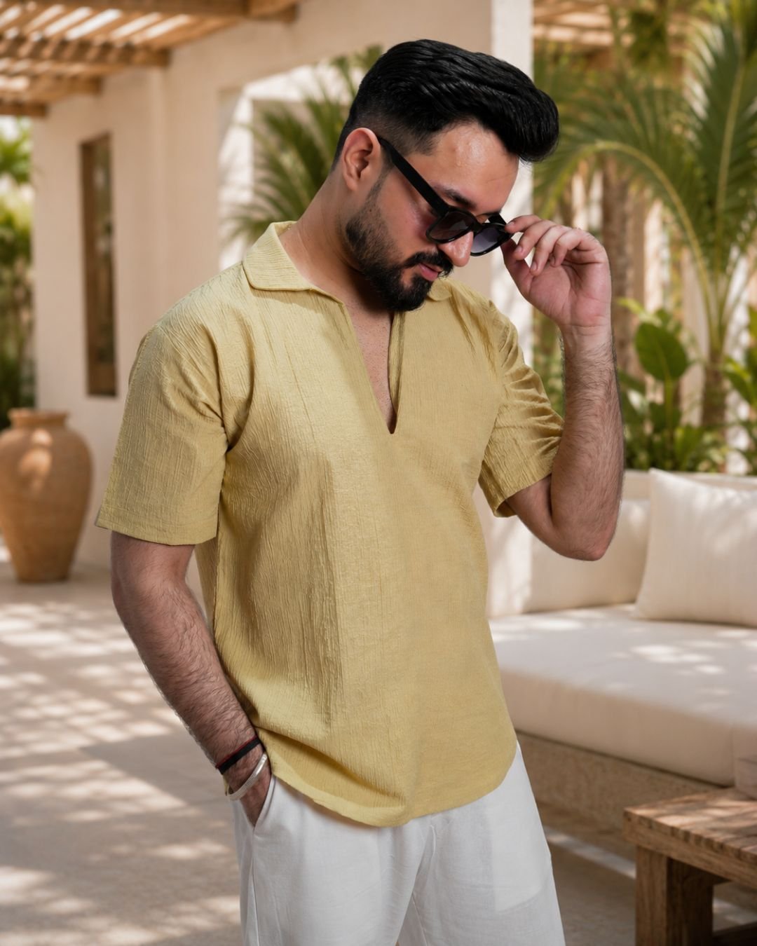 Men Dusty Yellow Colour Marina Chiffon Kurta Shirt - Image 4