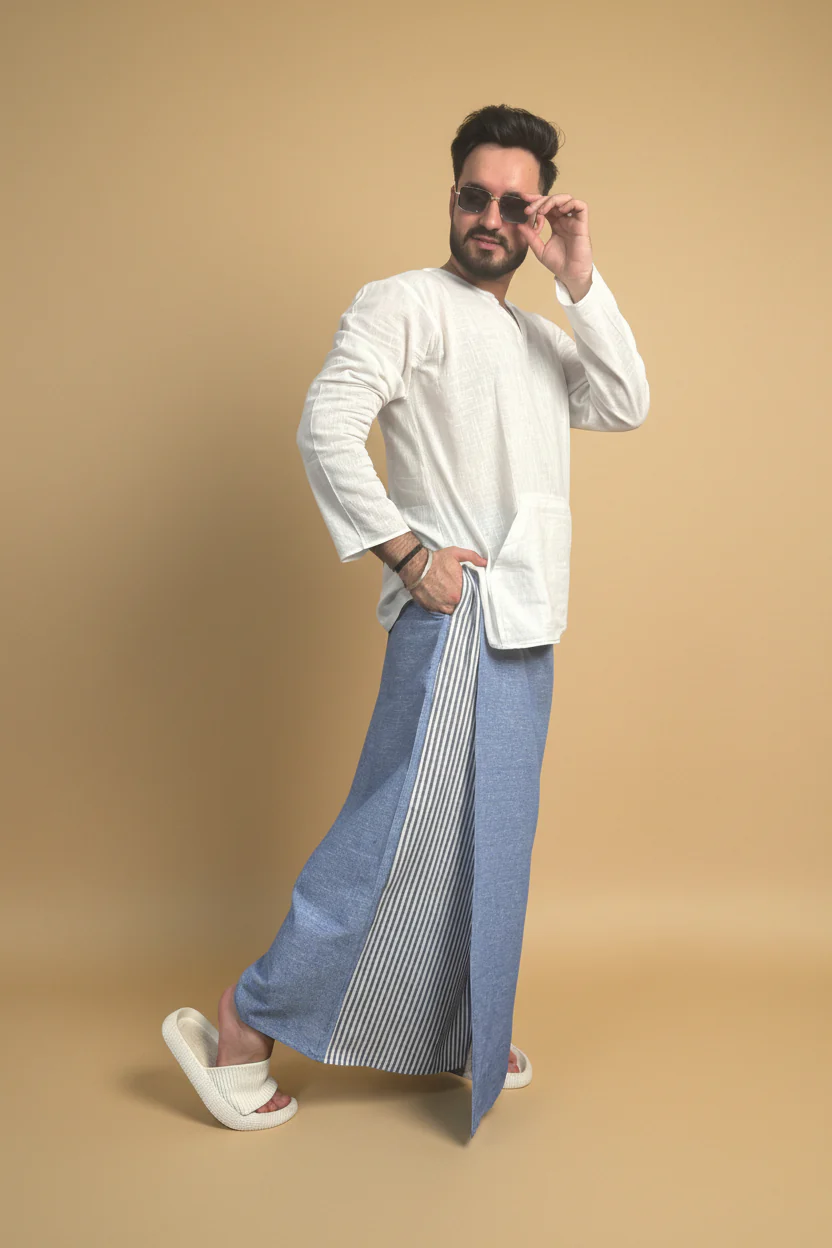 Men Denim Blue Color Pajamalungi With Denim Blue Stripe Panel - Image 2