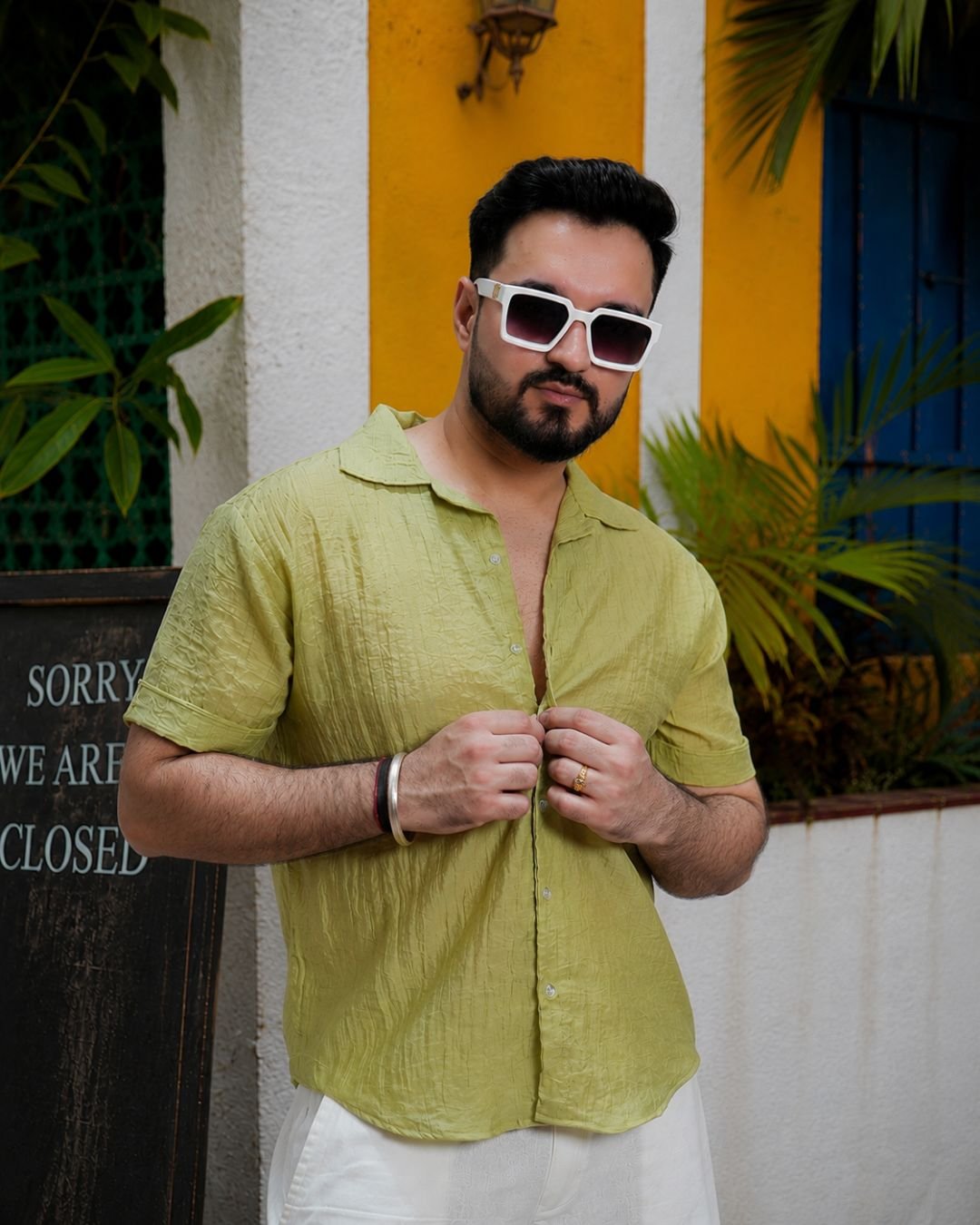 Men Sage Green Colour Chiffon Buttoned Shirt - Image 5