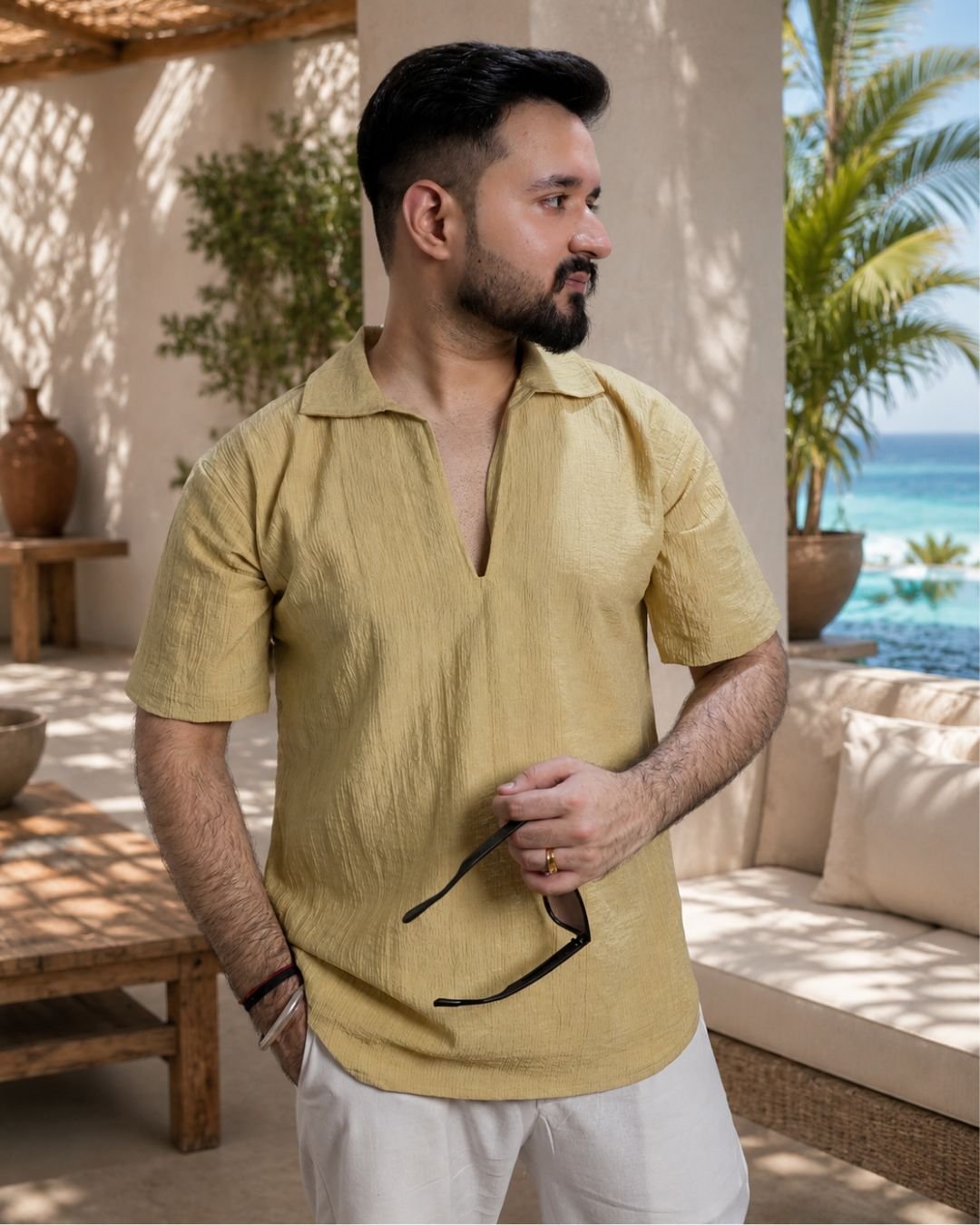 Men Dusty Yellow Colour Marina Chiffon Kurta Shirt - Image 5