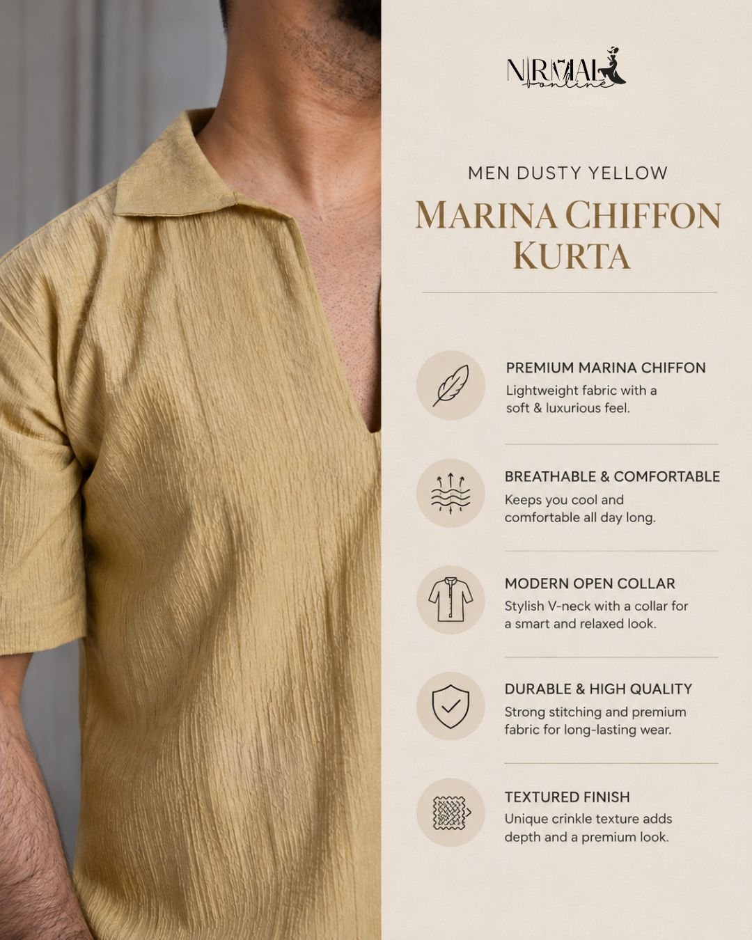 Men Dusty Yellow Colour Marina Chiffon Kurta Shirt - Image 6