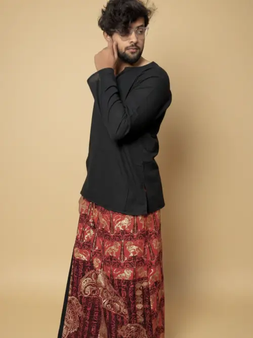 Men Red & black Stripe Lion foil print Motif Cotton Pajamalungi