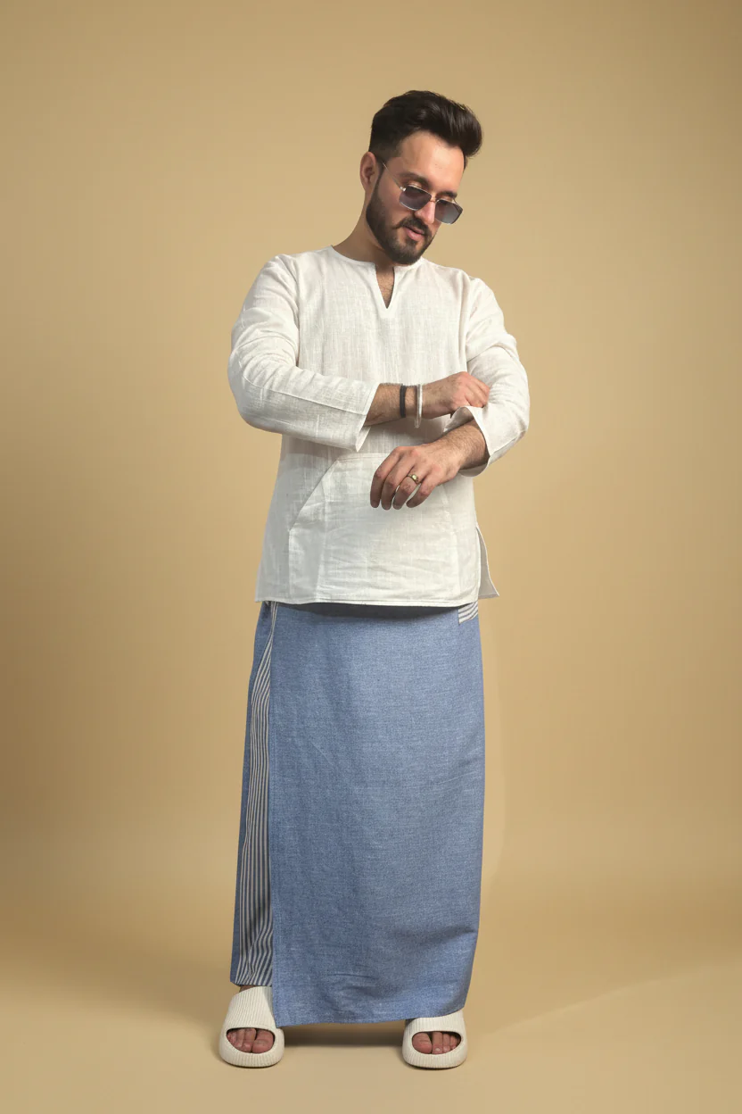 Men Denim Blue Color Pajamalungi With Denim Blue Stripe Panel - Image 3