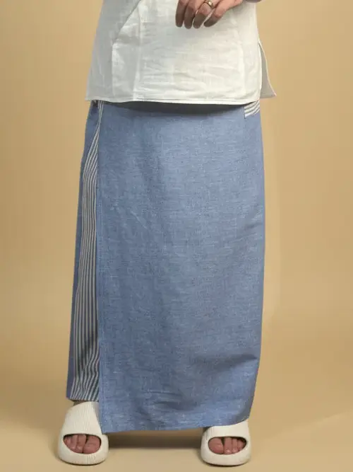 Men Denim Blue Color Pajamalungi With Denim Blue Stripe Panel