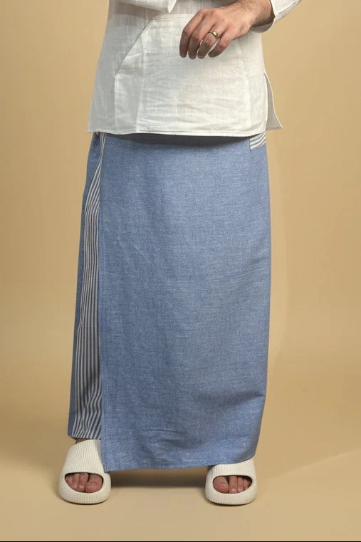 Men Denim Blue Color Pajamalungi With Denim Blue Stripe Panel
