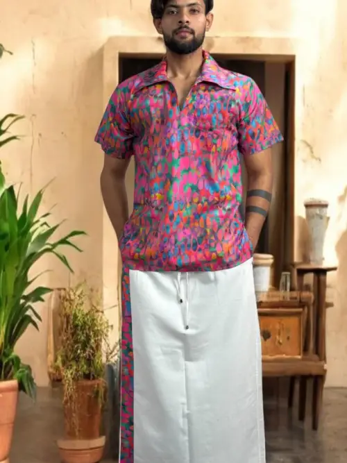 Men's White Pajamalungi with Matching Abstract Stripe