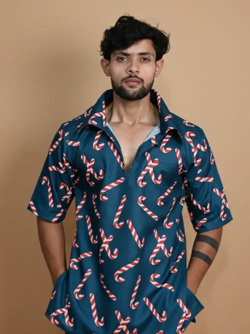 Dark Teal Candy Cane Digita Print Kurta For Men