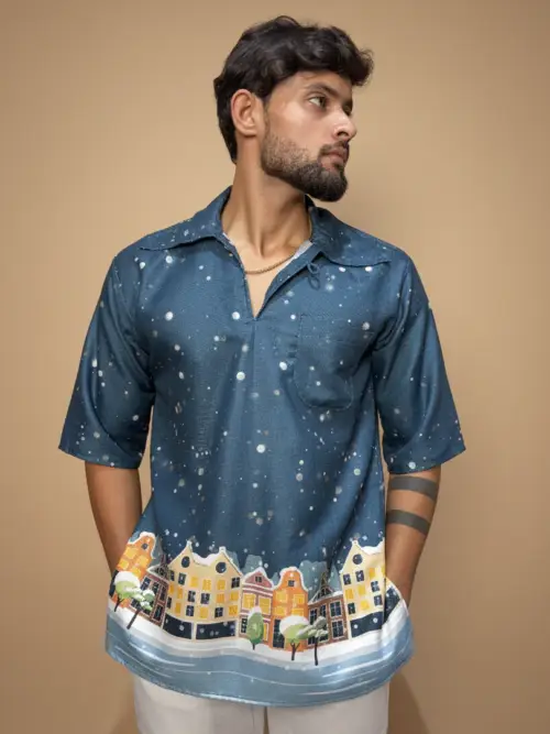 Men Blue Snow-City Print Printed Kurta