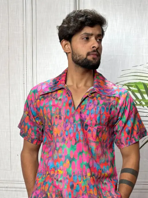 Men Abstract Ikat Dot Print Shirt-Collar Kurta