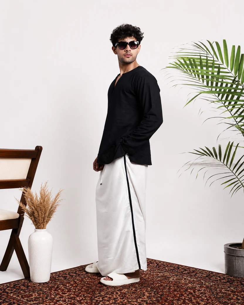 Men White Colour Pajamalungi With Black And Silver Zari Stripe Panel - Image 5