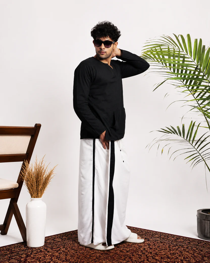 Men White Colour Pajamalungi With Black And Silver Zari Stripe Panel - Image 6