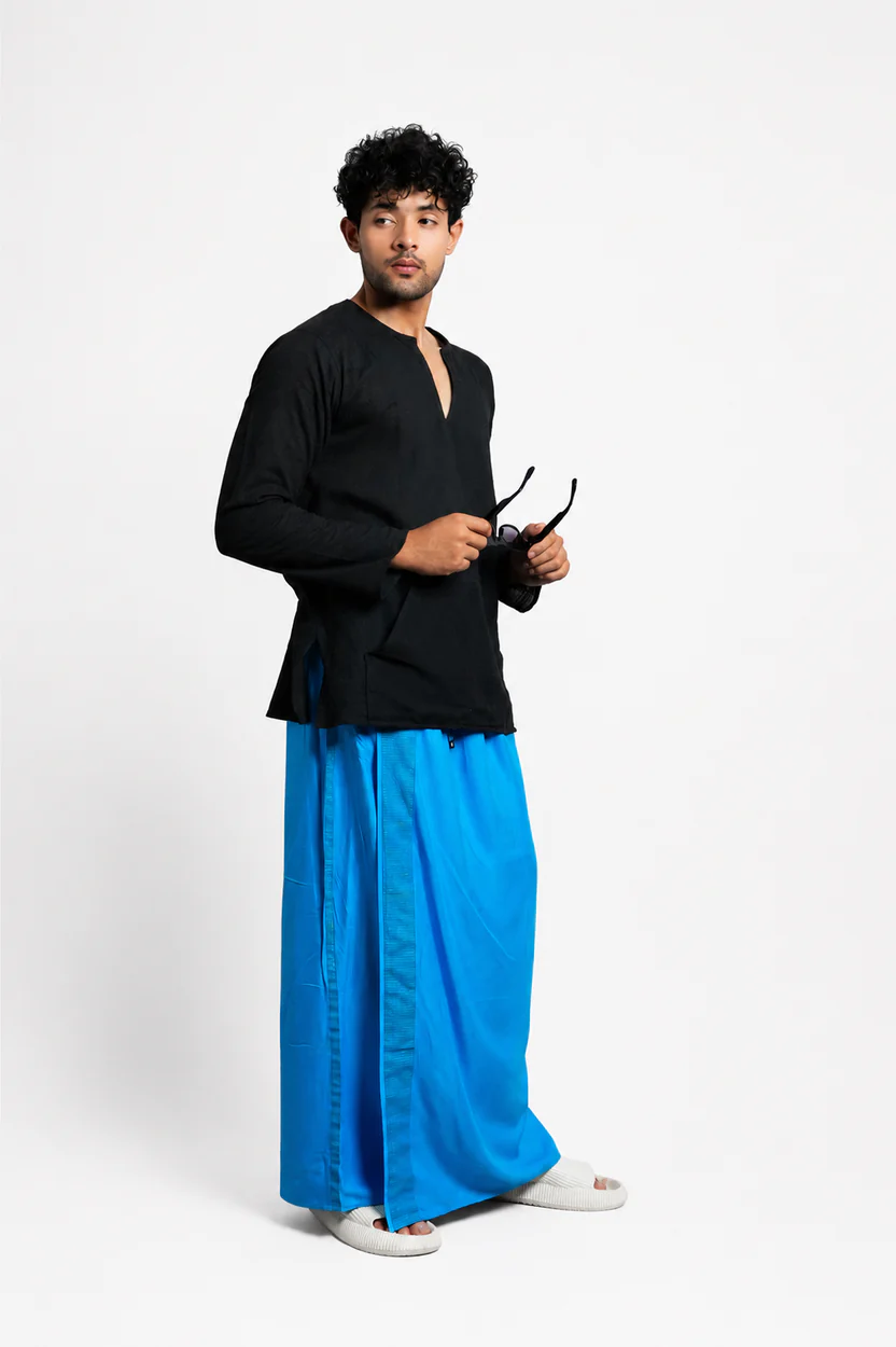 Men Blue Colour Pajamalungi With Blue And Gold Zari Stripe Panel - Image 2