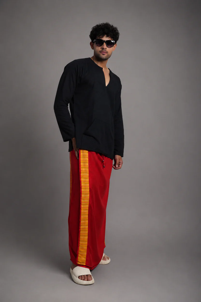 Men Red Colour Pajamalungi With Yellow Textured Stripe Panel - Image 3