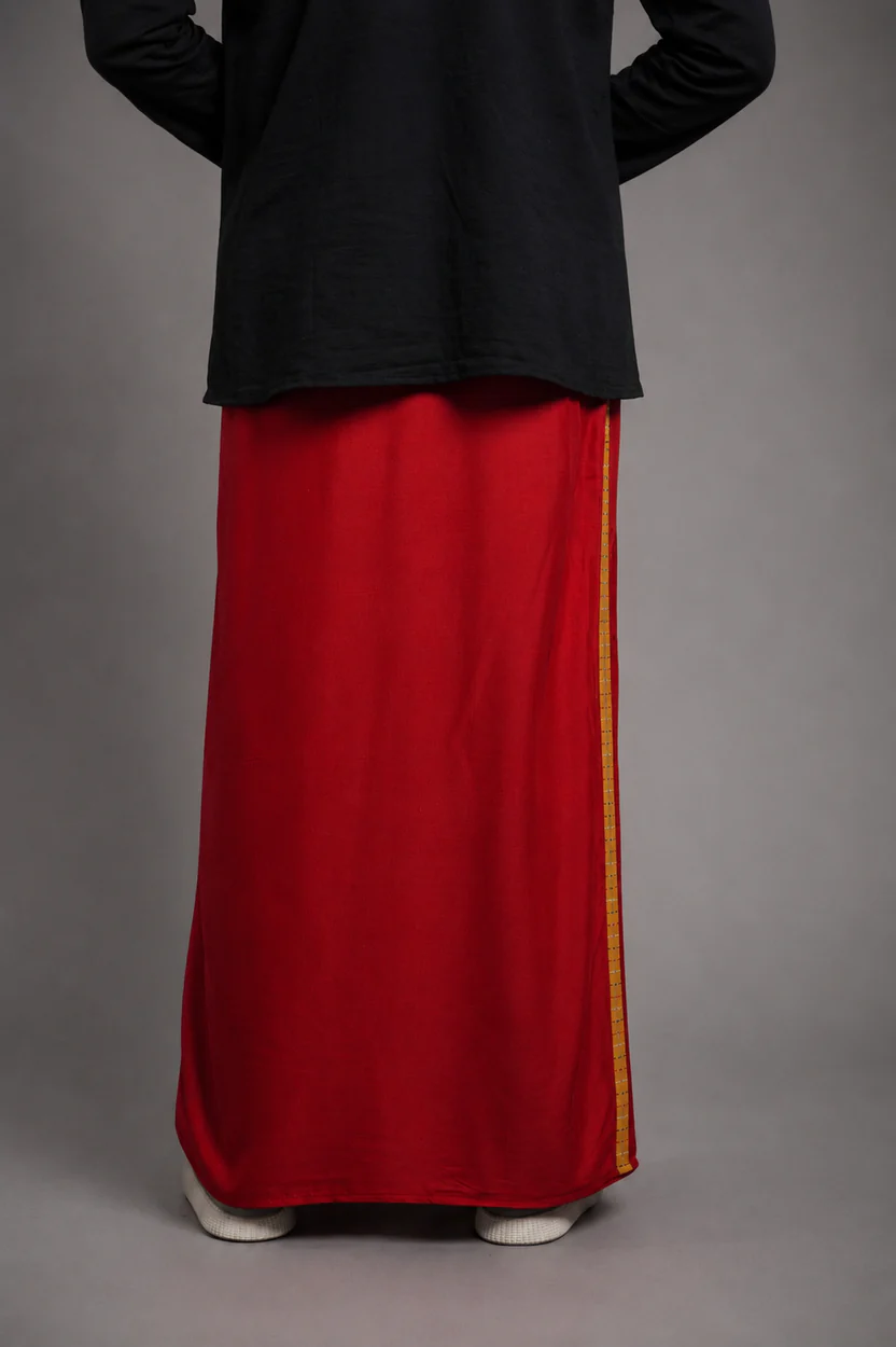 Men Red Colour Pajamalungi With Yellow Textured Stripe Panel - Image 6