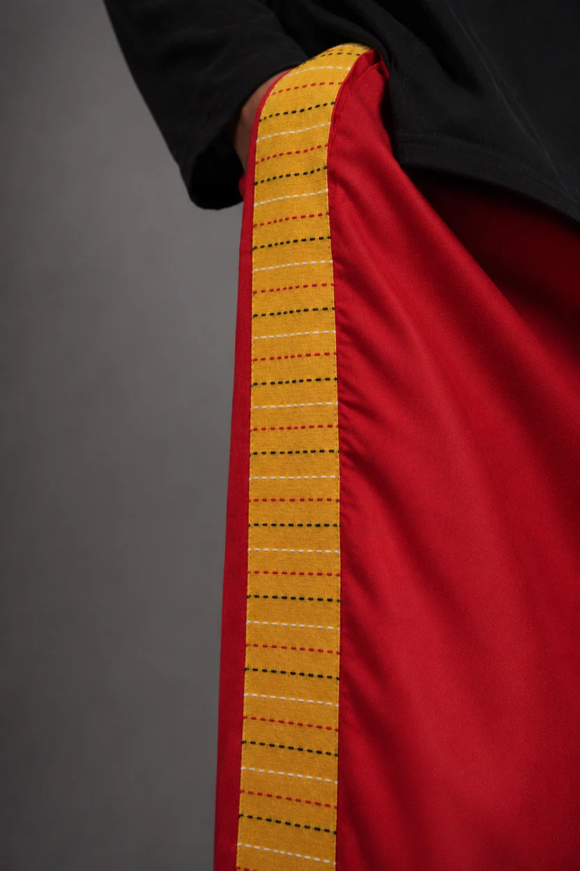 Men Red Colour Pajamalungi With Yellow Textured Stripe Panel - Image 4
