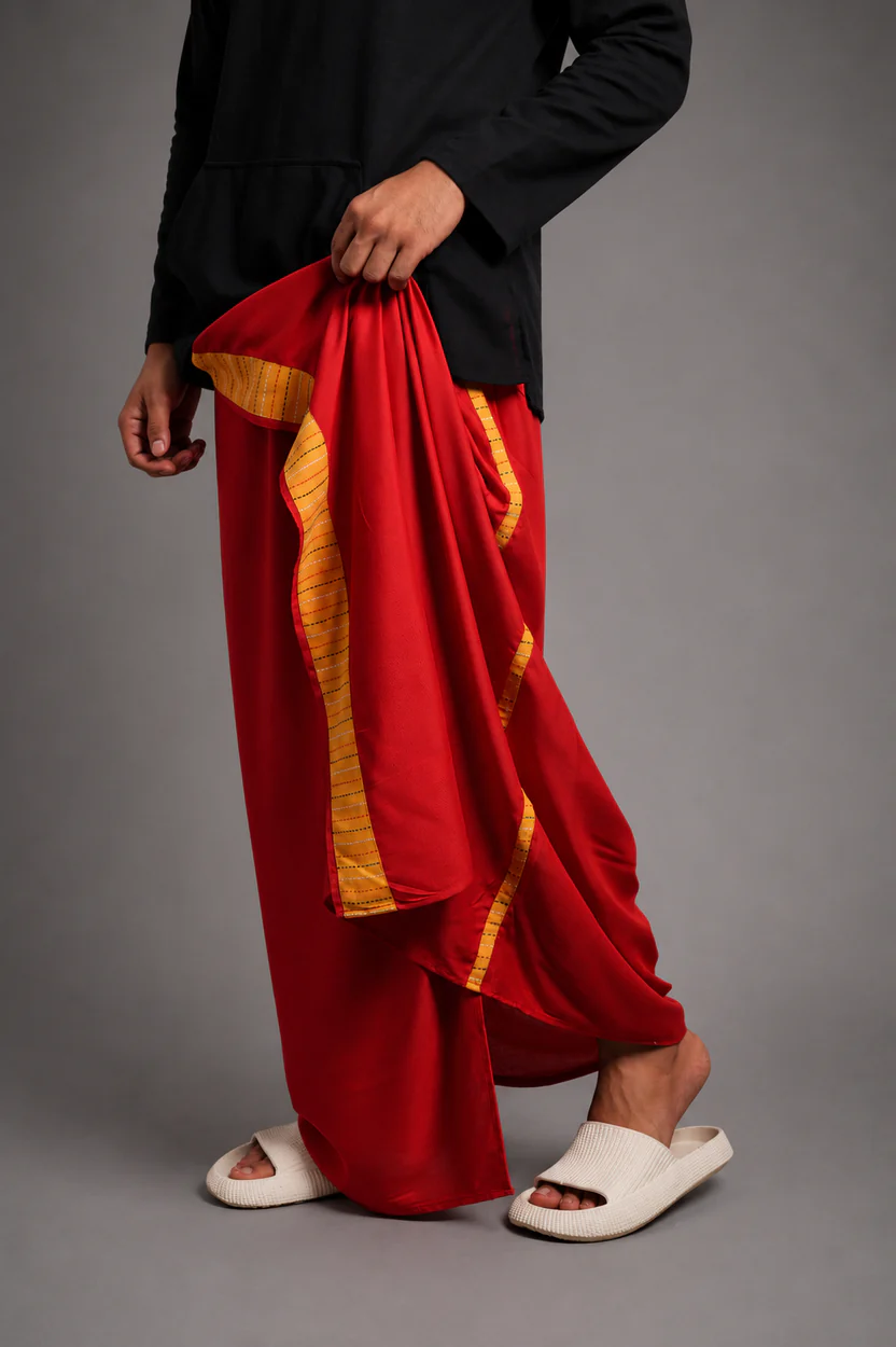Men Red Colour Pajamalungi With Yellow Textured Stripe Panel - Image 5