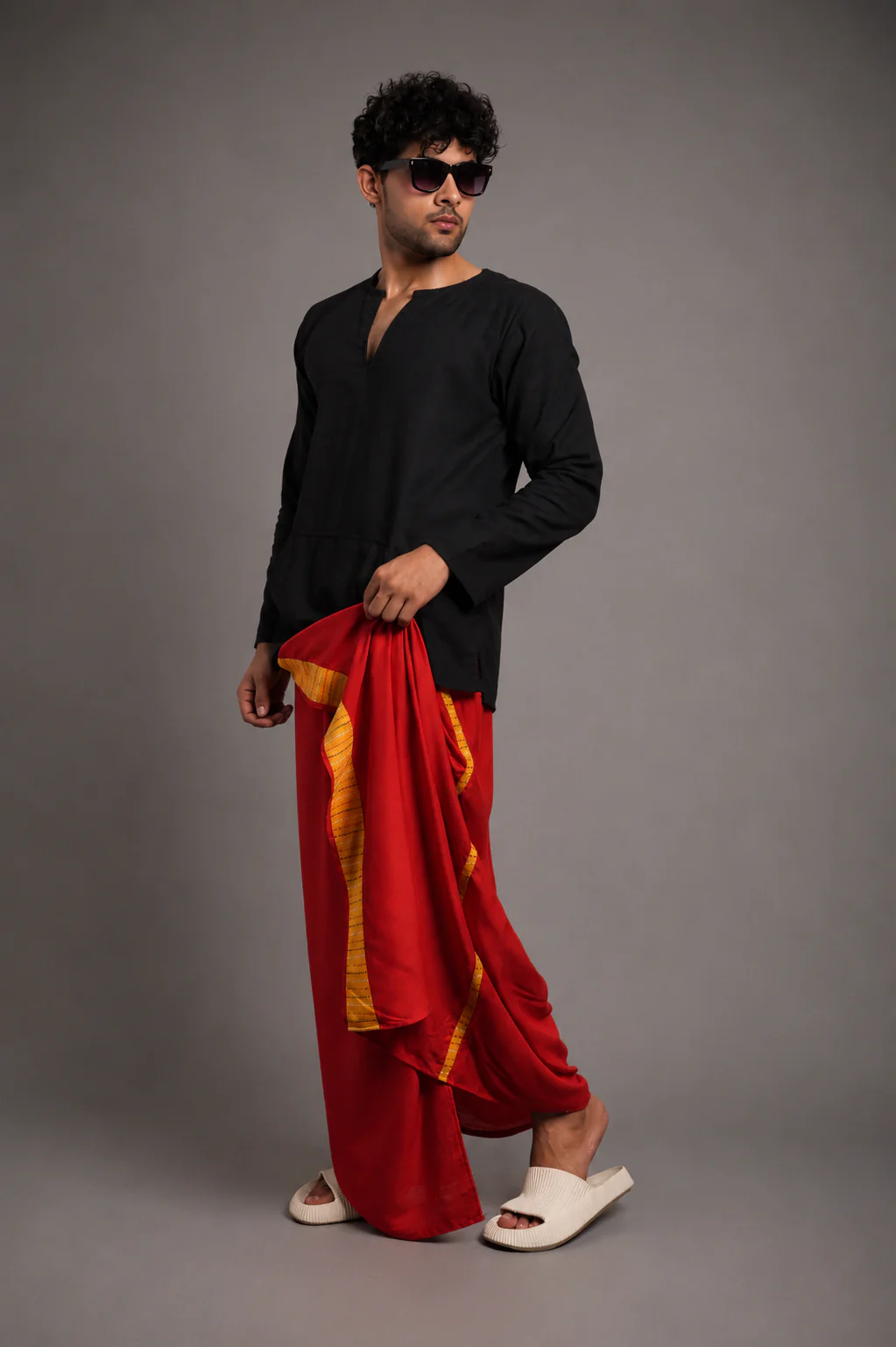 Men Red Colour Pajamalungi With Yellow Textured Stripe Panel - Image 2