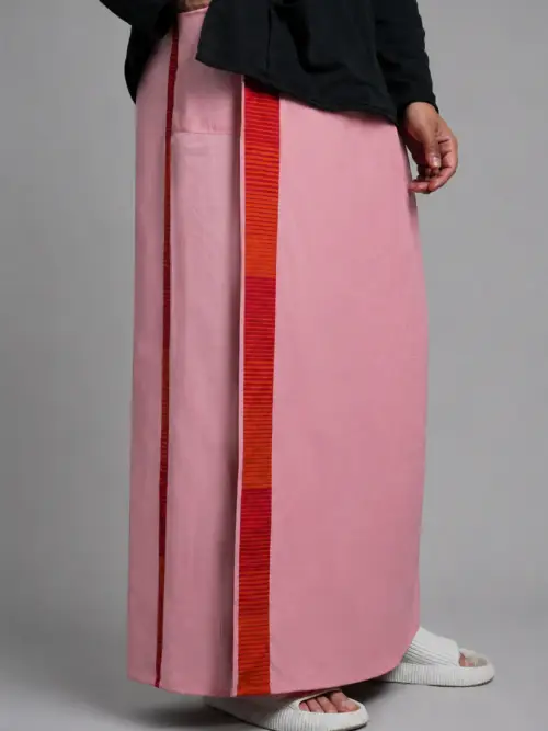 Men Dusty Pink Colour Pajamalungi With Red & Orange Colour Textured Stripe Panel