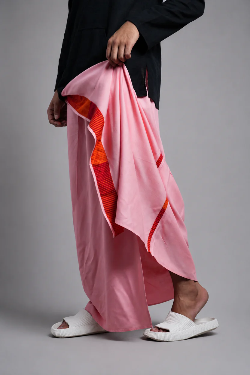 Men Dusty Pink Colour Pajamalungi With Red & Orange Colour Textured Stripe Panel - Image 3