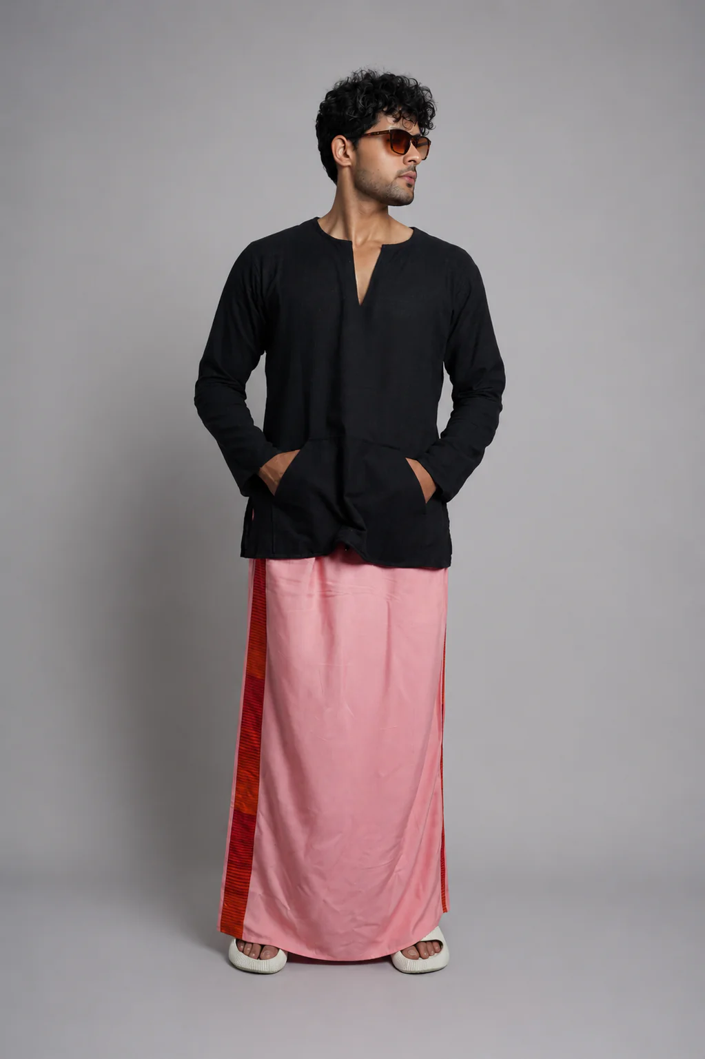 Men Dusty Pink Colour Pajamalungi With Red & Orange Colour Textured Stripe Panel - Image 2