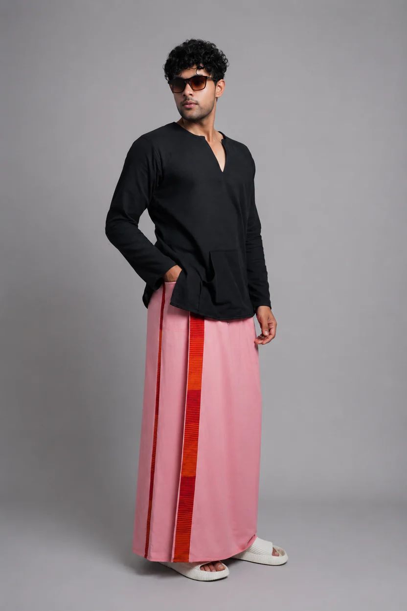 Men Dusty Pink Colour Pajamalungi With Red & Orange Colour Textured Stripe Panel - Image 4
