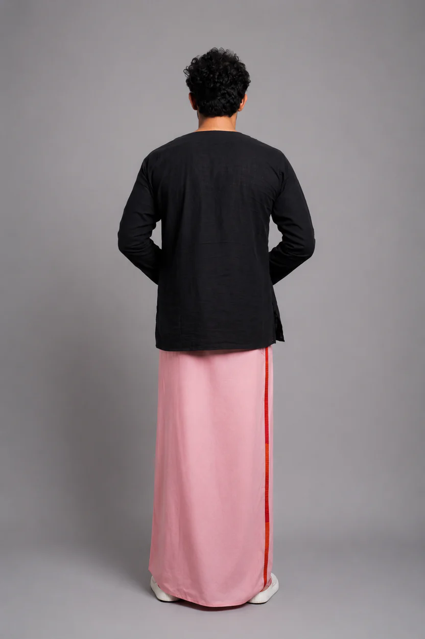 Men Dusty Pink Colour Pajamalungi With Red & Orange Colour Textured Stripe Panel - Image 5