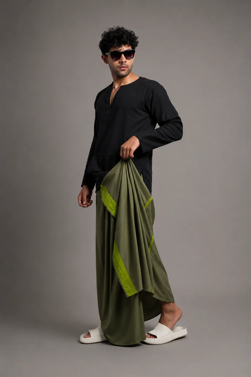 Men Olive Green Colour Pajamalungi With Green Textured Stripe Panel - Image 2