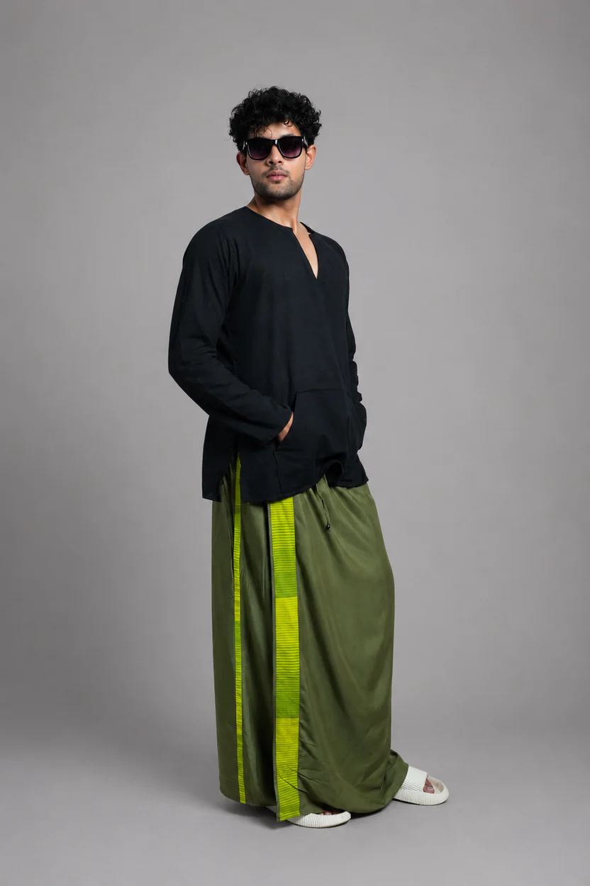 Men Olive Green Colour Pajamalungi With Green Textured Stripe Panel - Image 4