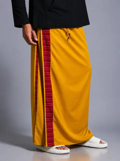 Men Musturd Yellow Colour Pajamalungi With Red Textured Stripe Panel