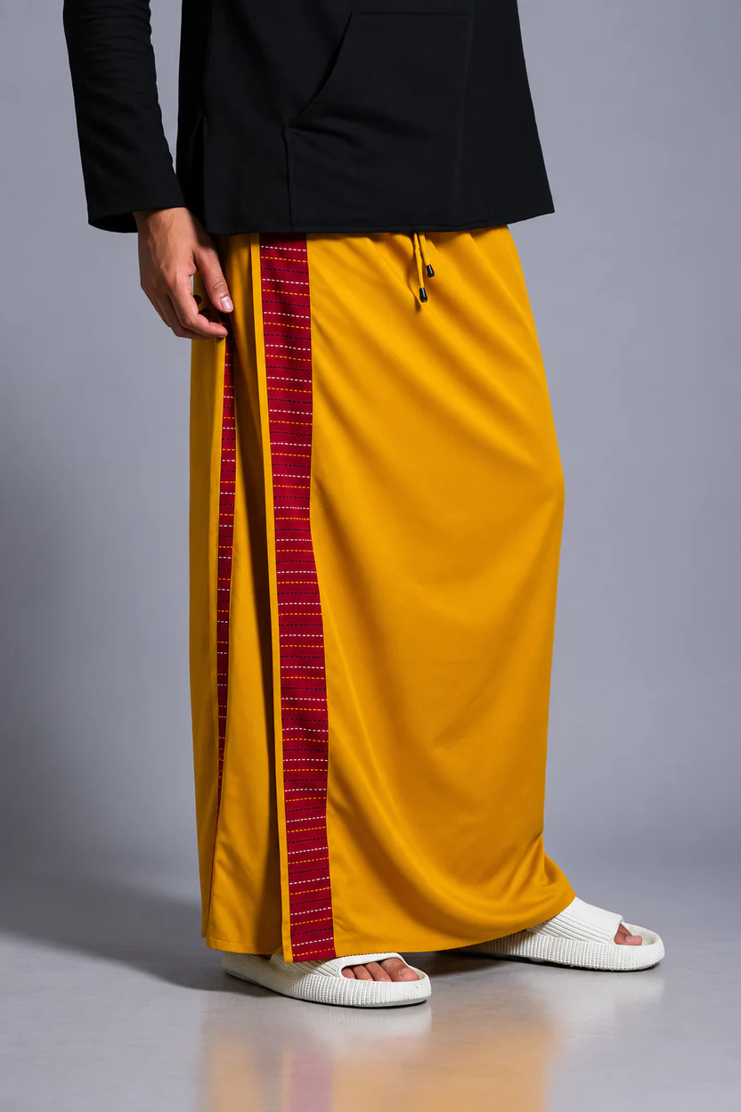Men Musturd Yellow Colour Pajamalungi With Red Textured Stripe Panel