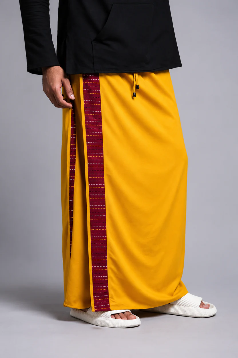Men Musturd Yellow Colour Pajamalungi With Red Textured Stripe Panel - Image 5