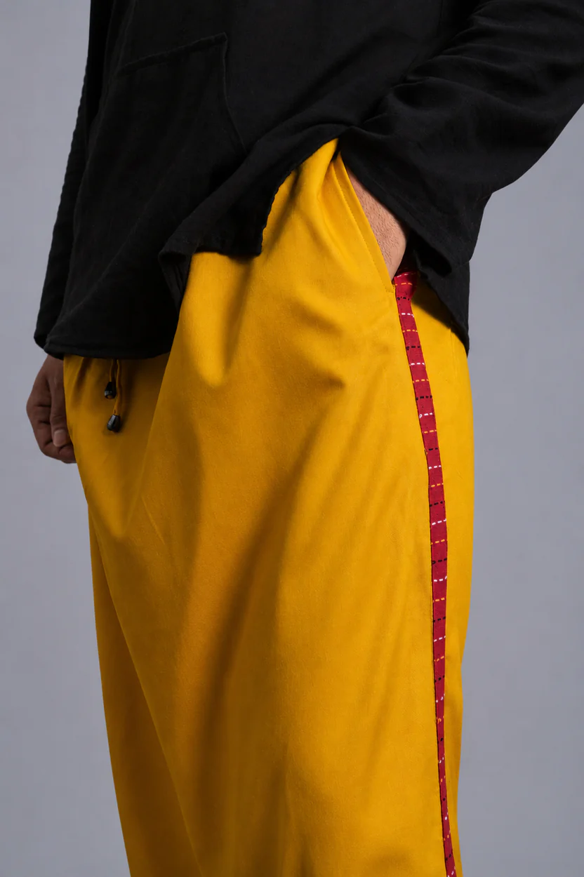 Men Musturd Yellow Colour Pajamalungi With Red Textured Stripe Panel - Image 6
