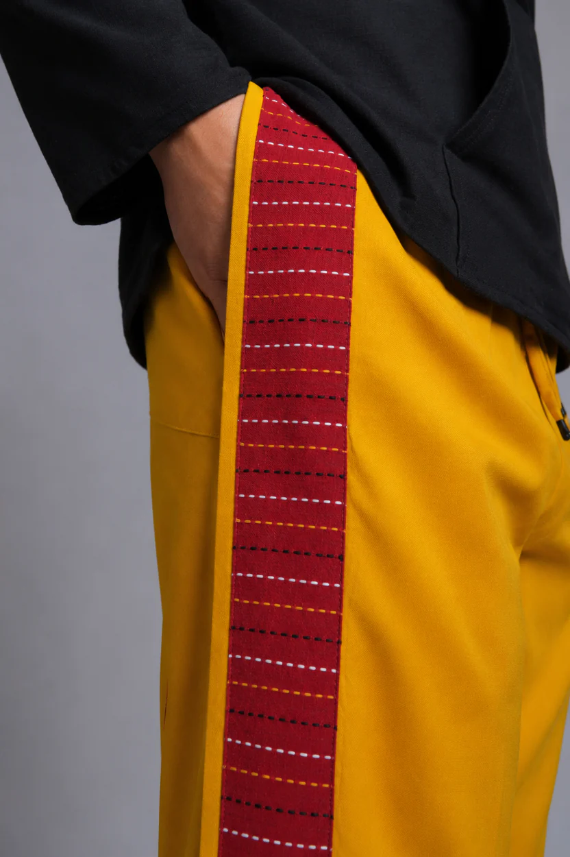 Men Musturd Yellow Colour Pajamalungi With Red Textured Stripe Panel - Image 7