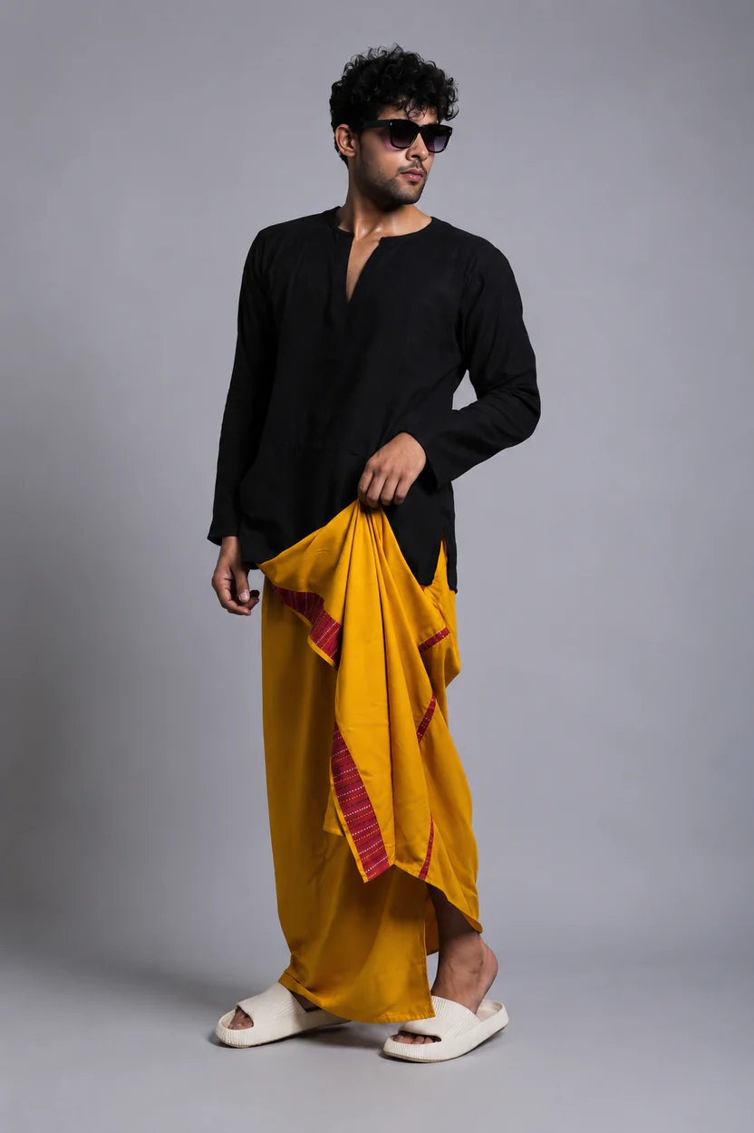 Men Musturd Yellow Colour Pajamalungi With Red Textured Stripe Panel - Image 4