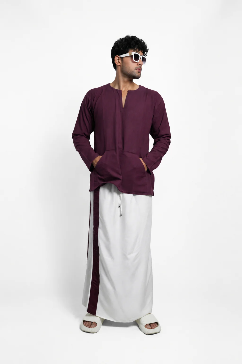 Men White Colour Pajamalungi With Wine / Silver Zari Stripe Panel - Image 2