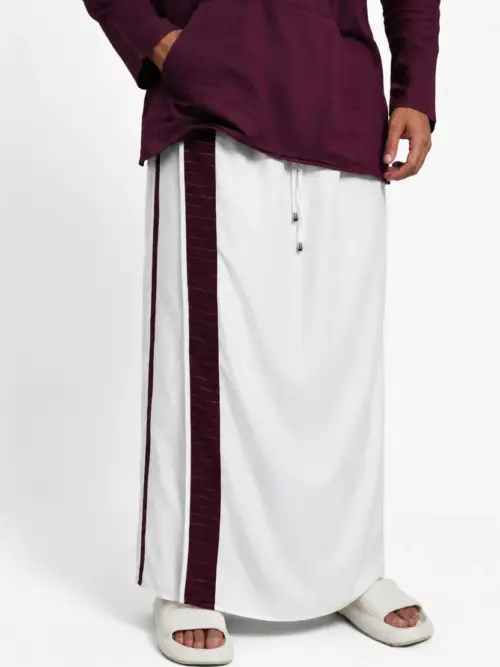 Men White Colour Pajamalungi With Wine / Silver Zari Stripe Panel