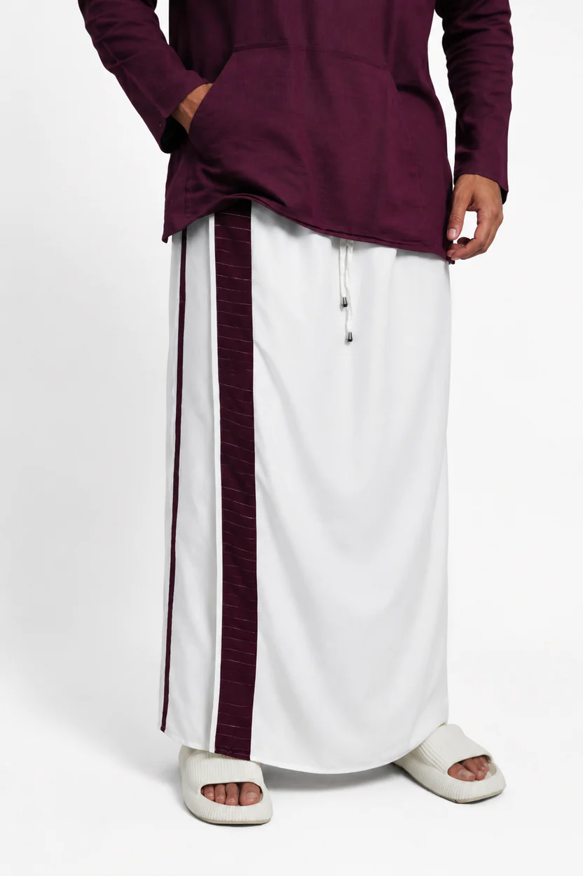 Men White Colour Pajamalungi With Wine / Silver Zari Stripe Panel