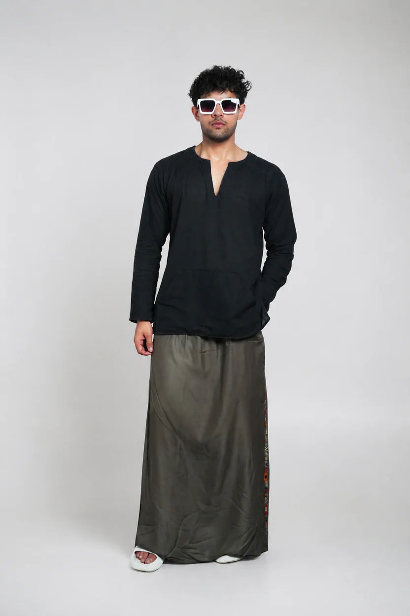 Men Mouse Colour Pajamalungi With Floral Printed Panel - Image 5