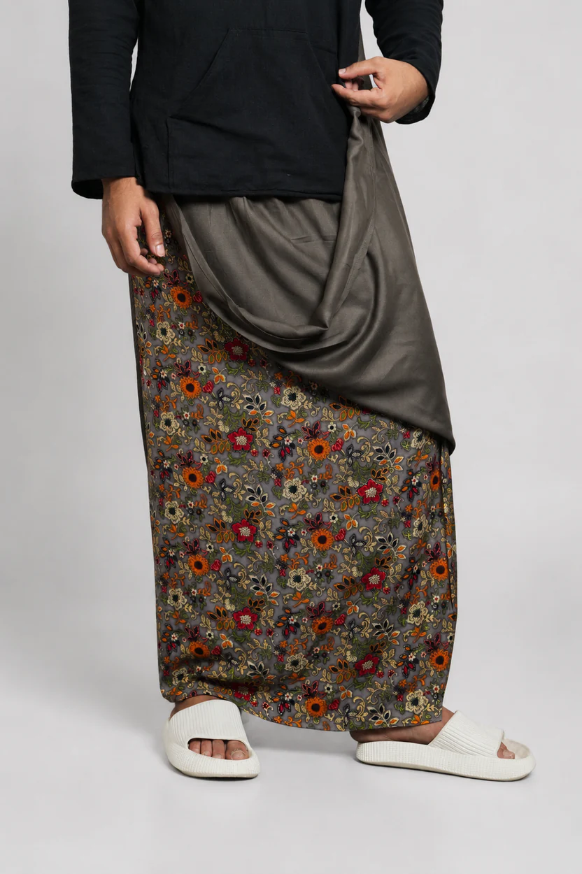 Men Mouse Colour Pajamalungi With Floral Printed Panel - Image 4