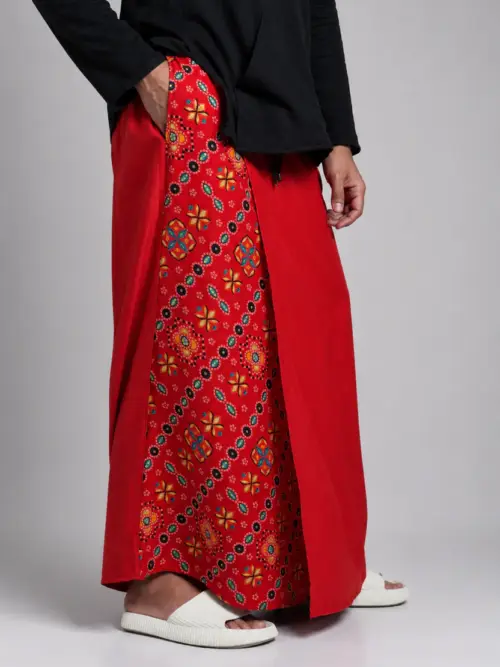Men Red Colour Pajamalungi With Foil Printed Panel