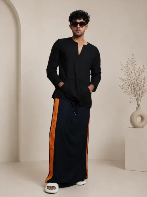 Men Black Colour Pajamalungi With Yellow Colour Textured Stripe Panel